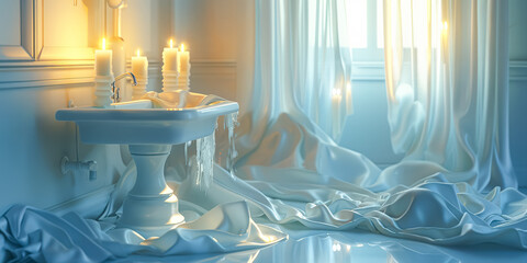 Wall Mural - bathroom with a sink and a window. the sink is covered in water and the window is open