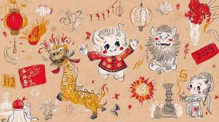 Wall Mural - Celebration drawing; multiple cartoon characters with Chinese New Year decorations on beige background