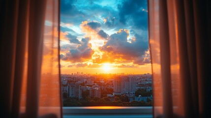 Wall Mural - sunset cityscape view through sheer curtains.