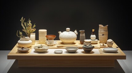 Wall Mural - Ceramic Tea Ceremony Set on a Wooden Table