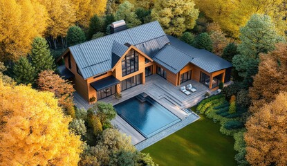 Wall Mural - a modern mansion with a pool and garden, aerial view, trees around the house