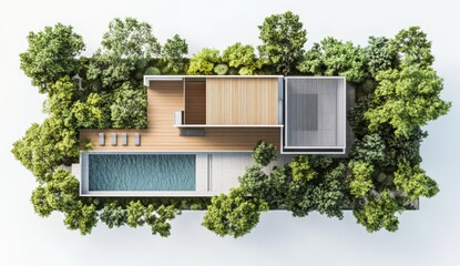 Wall Mural - a modern mansion with a pool and garden, aerial view, trees around the house