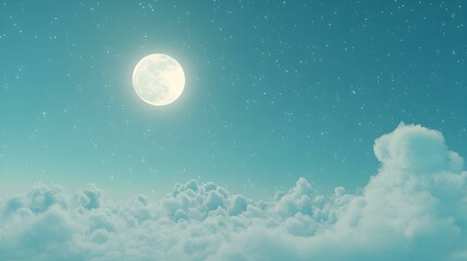 Wall Mural - Serene night sky above a sea of clouds, illuminated by a bright full moon and scattered stars. Perfect for backgrounds or dreamy concepts.