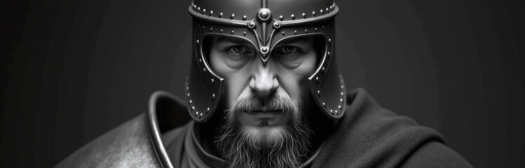 A Warrior Wearing An Iron Helmet Is Depicted In A Black And White Portrait With Somber, Serious Expression. 00003