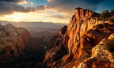 Wall Mural - majestic sunset over rugged canyon with illuminating light beams