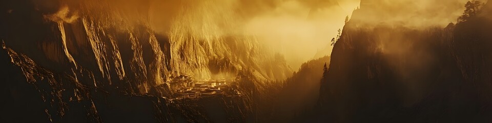 Poster - Panoramic view of the dramatic cliffs surrounding Tigers Nest Monastery illuminated by golden light, with dynamic shadows creating depth, in 4K resolution