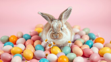 Wall Mural - A fluffy bunny surrounded by pastel colored eggs on a pink background, a festive Easter scene