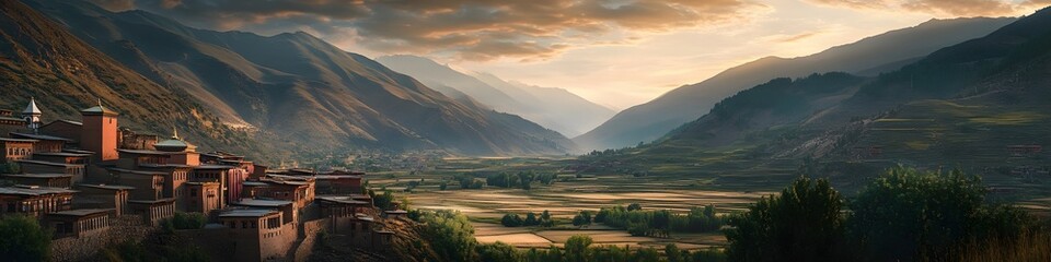 Fototapete - Wide-angle shot of the serene valley below the monastery illuminated by golden hour light, with distant terraced fields creating a serene backdrop, in 4K resolution