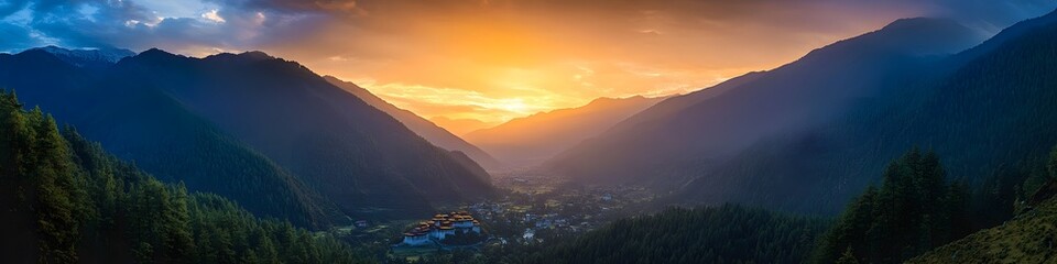 Aufkleber - Panoramic view of the lush valley glowing under golden light, with Tigers Nest Monastery silhouetted against the vibrant sunset sky, in 4K resolution