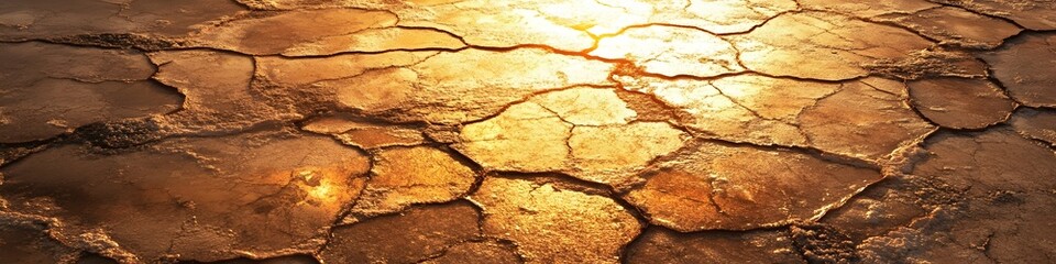 Fototapete - Panoramic view of the golden hues of sunset illuminating the salt flats, with the cracked patterns glowing warmly under the light, in 4K resolution