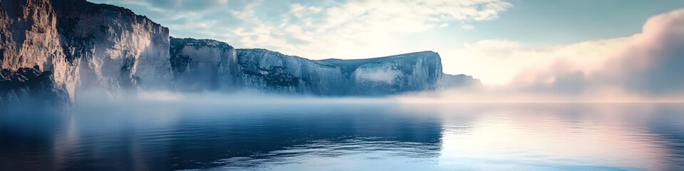 Poster - Panoramic view of the lake glowing under soft morning light, with mist rising from the ocean and dramatic shadows cast by the cliffs, in 4K resolution