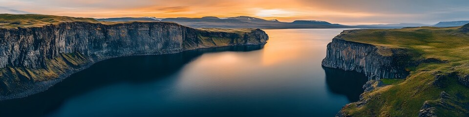 Poster - Aerial panorama of Lake Srvagsvatn glowing under the soft light of dawn, with vibrant greenery and dramatic cliffs creating harmony, in 4K resolution