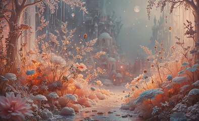 Poster - Painting of a snowy forest with a castle in the background. The castle is surrounded by trees and flowers