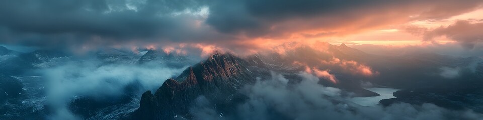 Poster - Aerial panorama of Reinebringens cliffs illuminated by the first light of dawn, with colorful clouds and serene fjords adding contrast, in 4K resolution
