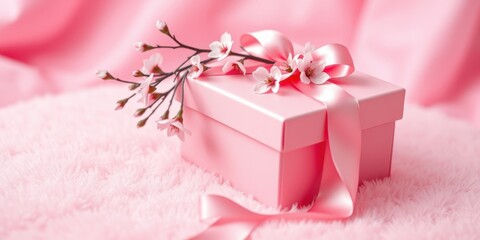 Poster - A delicate pink gift box adorned with a soft, flowing ribbon and delicate cherry blossoms, resting upon a plush pink surface.