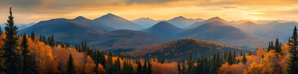 Fototapete - Panoramic view of the jagged peaks of Mount Yake glowing under golden hour light, with fiery autumn forests adding vibrancy, in 4K resolution