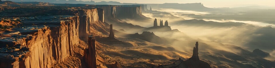 Leinwandbilder - Aerial panorama of the sandstone pillars glowing under soft morning light, with mist swirling between their towering peaks, in 4K resolution