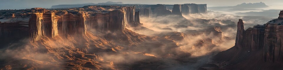 Leinwandbilder - Aerial panorama of the sandstone pillars glowing under soft morning light, with mist swirling between their towering peaks, in 4K resolution