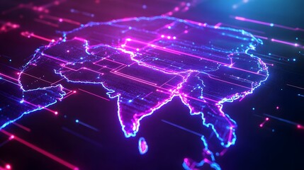 Asia digital map glowing network connections, data flow, global technology background, website banner
