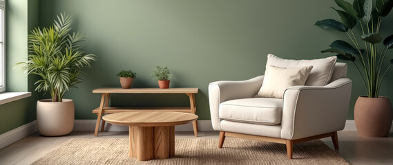 cream armchair wooden coffee table a serene living room