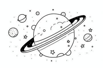 Simple black ink line drawing of a satellite in space with stars and planets, hand-drawn doodle, flat clip art style vector illustration for kids on a white background.