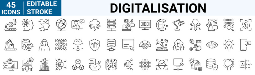 Digitalisation web icons. Digital technology icons such as cloud computing, artificial intelligence, mobile payment, coding, chip, vr glasses, innovation, network.
