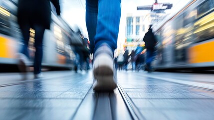 Poster - Dynamic Urban Scene with Blurred Motion of People and Tram in City : Generative AI