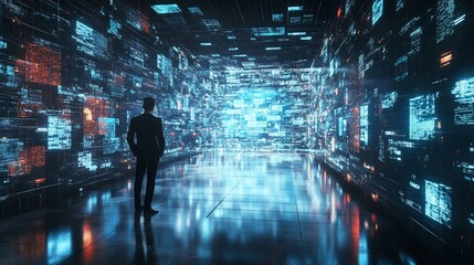 Wall Mural - Man in suit facing digital data streams.