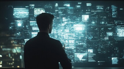Wall Mural - Man interacting with a large futuristic digital interface displaying data visualizations.