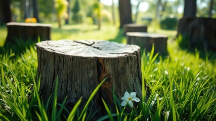 A single weathered tree stump, nestled in lush green grass, with a delicate white flower blooming at its base.