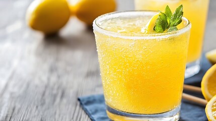 Aufkleber - Refreshing Icy Lemon Drink with Slices and Fresh Mint on Rustic Table : Generative AI