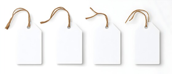 Four white tags with brown strings