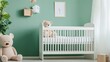 © Generative AI - Charming Nursery with Green Walls Adorned with Teddy Bears and a Cot : Generative AI
