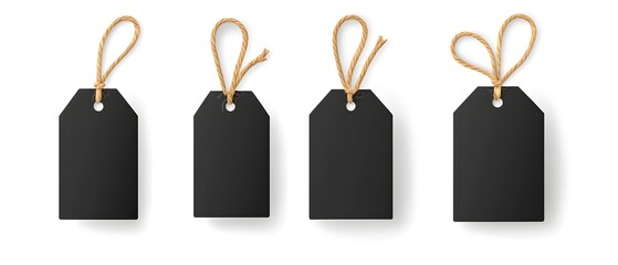 Three black tags are hanging from a string