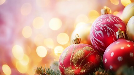 Aufkleber - Festive Christmas Background with Red and Gold Holiday Ornaments and Bokeh Lights : Generative AI
