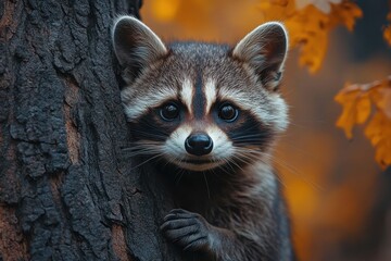 Raccoon peering from behind a tree trunk in a vibrant autumn forest with colorful leaves