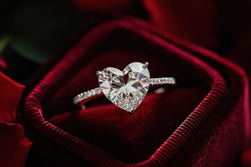 Wall Mural - Heart-shaped diamond engagement ring displayed on red velvet, surrounded by roses for romantic occasion