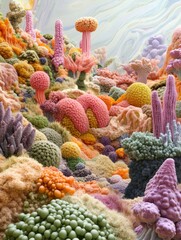 Poster - Exploration of vibrant bacterial forms and textures in a surreal landscape brimming with life and color. Generative AI