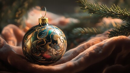 Sticker - Ornate Christmas Ornament Rests on Soft Velvet Fabric