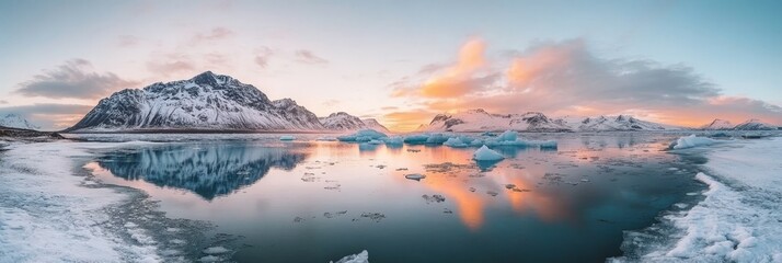 Wall Mural - Arctic Tranquility Serene Glacial Landscape with Icebergs Reflected in Still Lake, Panoramic View.