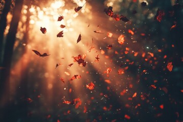 Poster - Fall leaves swirl in the sunlight as autumn takes hold in a tranquil forest scene. Generative AI