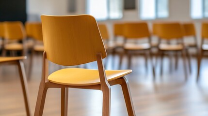 Aufkleber - Minimalist Wooden Chair in Modern Classroom with Natural Light and Soft Ambiance : Generative AI