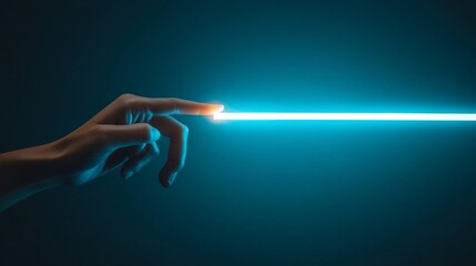 Wall Mural - Hand reaching for glowing blue light beam.