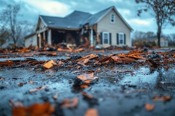 House damaged by storm with debris scattered on wet ground under cloudy sky