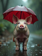 © fotoluigi868 - A Pig Stands Under An Umbrella In A Rainy Day, Its Expression Reflecting Unhappiness In This Somber Portrait Scene. 00003