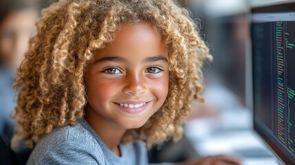 Young Child with Curly Hair Engaged in Computer Programming at a Modern Workspace, Smiling Brightly While Learning and Exploring Technology with Code on Screen