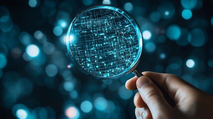 Wall Mural - Hand holding magnifying glass revealing digital code.