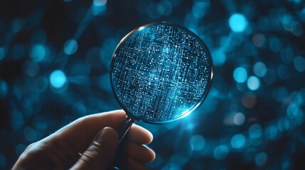 Magnifying glass reveals digital code in blue bokeh.