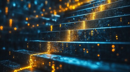 Wall Mural - Glowing golden lines on dark blue steps.