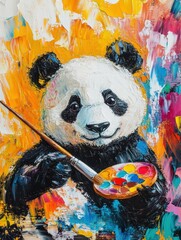 Poster - Panda in a vibrant setting holding a paintbrush and colorful palette while showcasing artistic skills. Generative AI